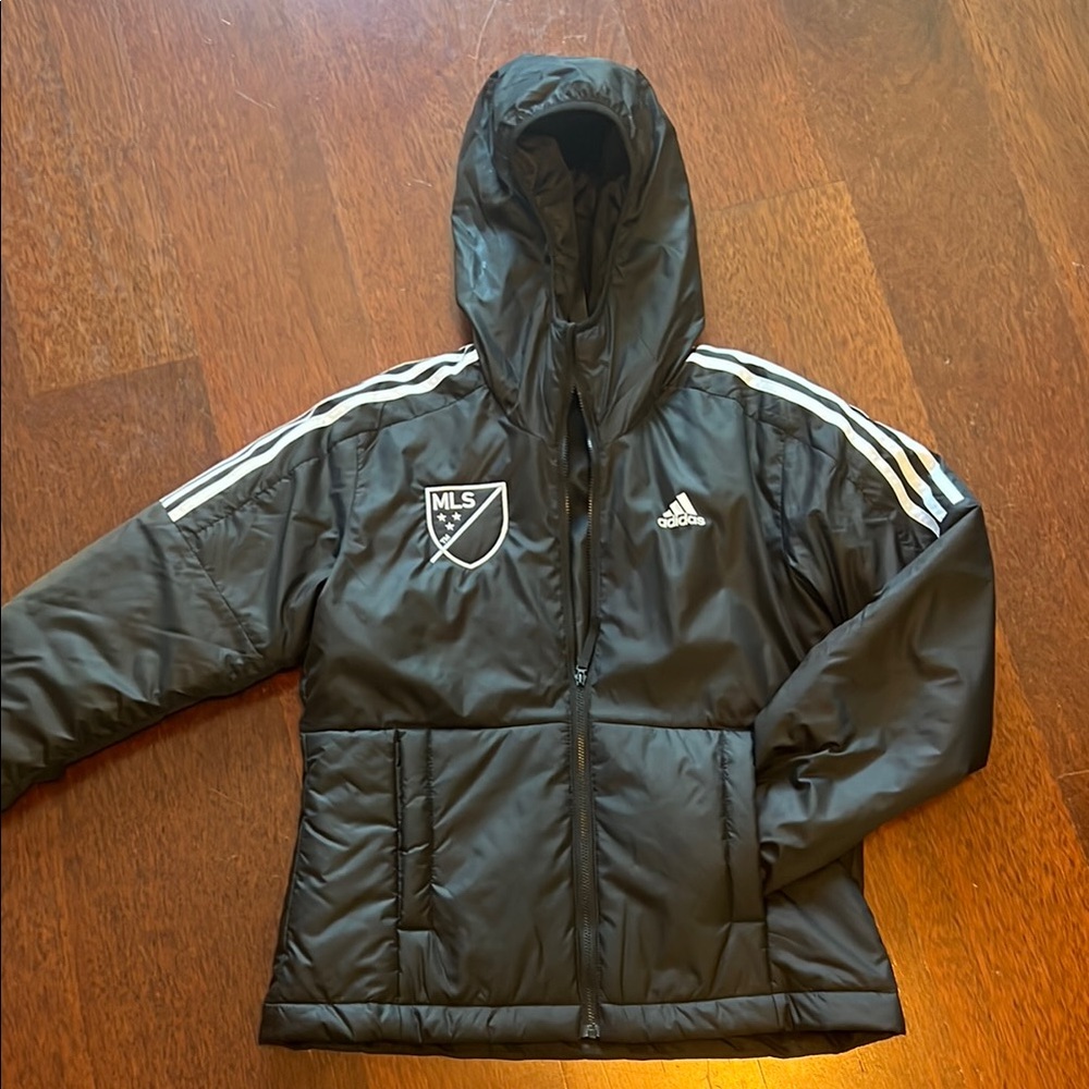 Adidas Black Hooded Jacket with White Stripes